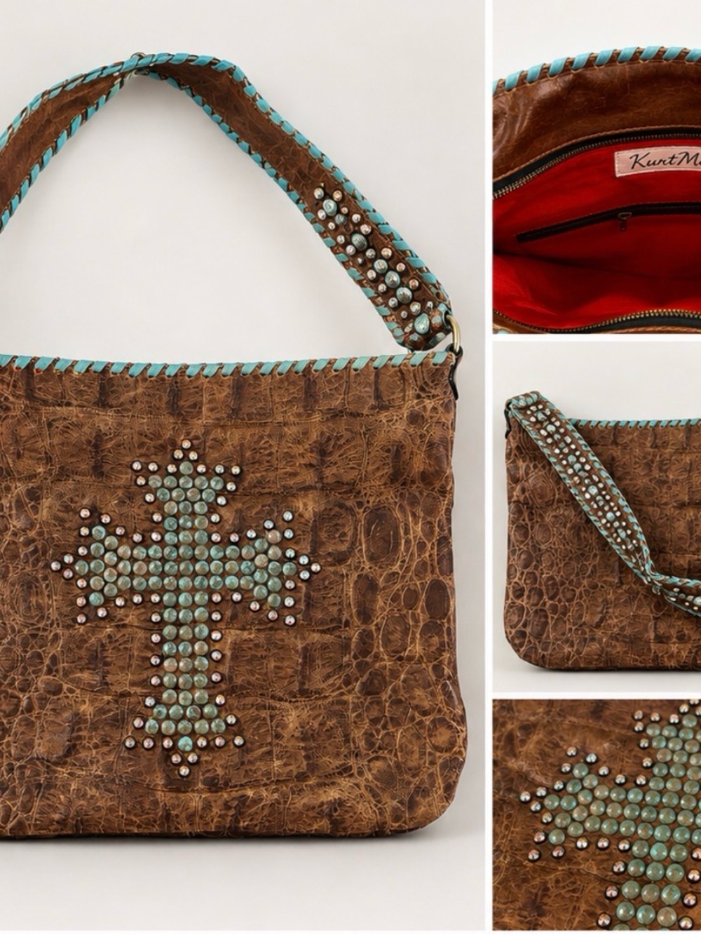 NEW KurtMen Brown Croc Leather Turquoise Cross Swarovski Shoulder Bag NWT